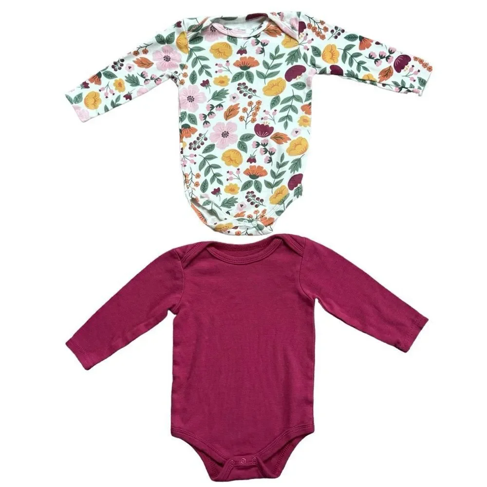 Hudson Baby Girls Long Sleeve Floral & Solid Cotton Onesie Bodysuits. 6-9 Months